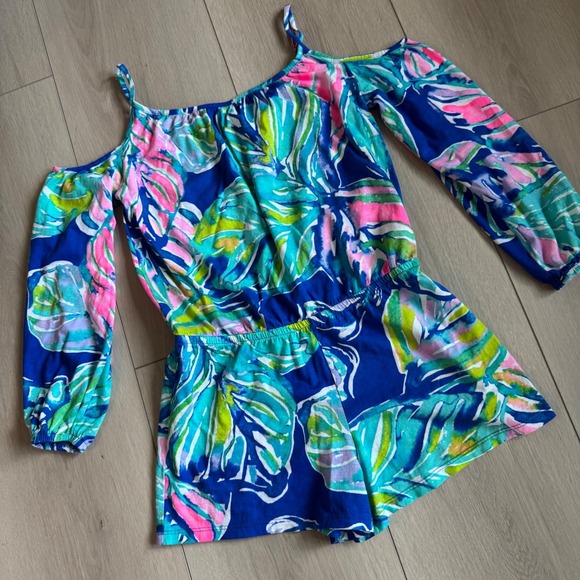 Lilly Pulitzer Girls Cold Shoulder Romper Blue Pink Green Palm Cotton XL 12-14 - Picture 1 of 6